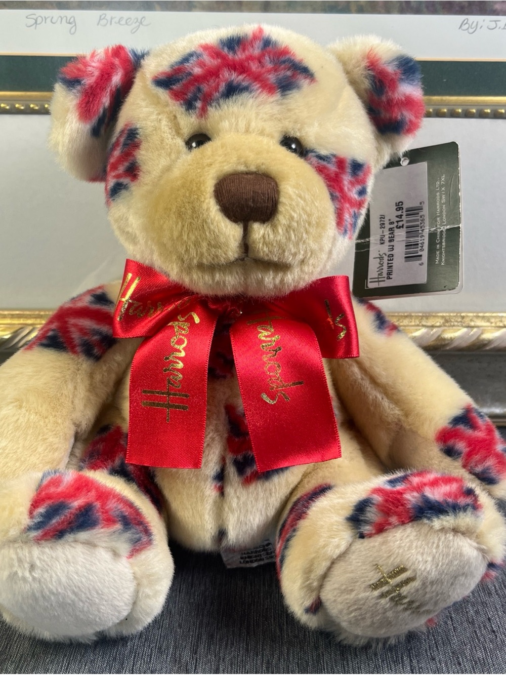 Harrods Cream Plush Bear with Red & Blue Union Jack Accents